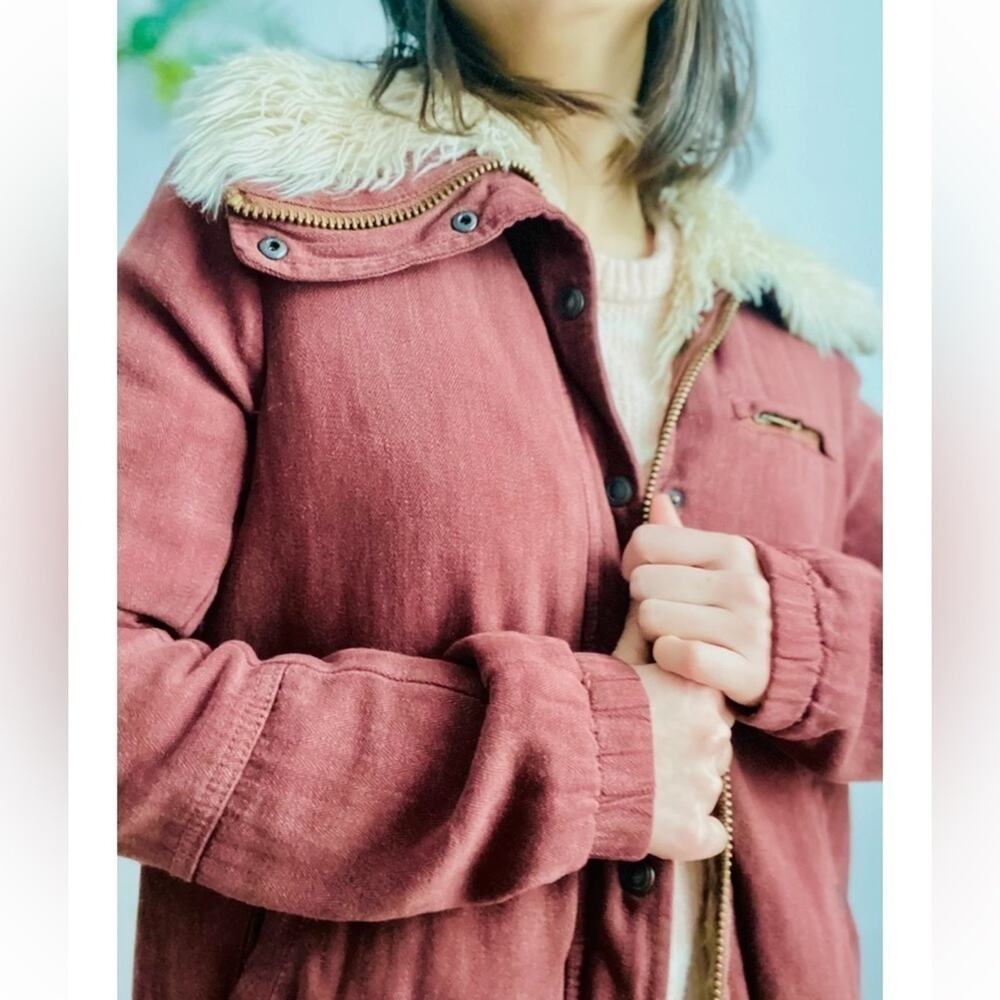 Free People Women's Shearling Shag Style Linen Bomber Jacket Size XS Maroon